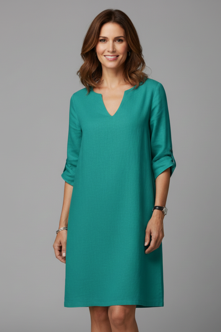 Women’s Knee-Length Dress with V Neckline and Three-Quarter Sleeves