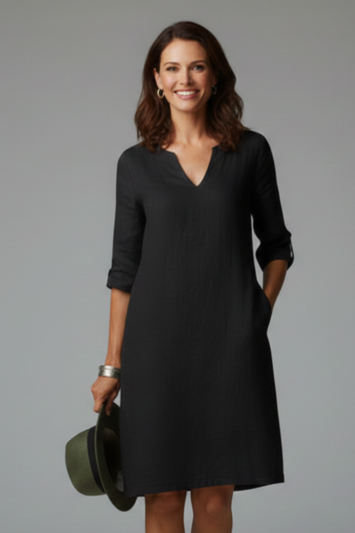 Women’s Knee-Length Dress with V Neckline and Three-Quarter Sleeves