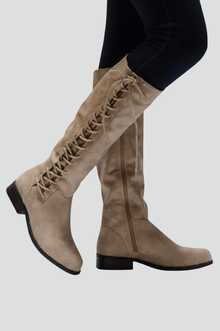 Women’s Knee Boots with Lace Front and Plain Upper