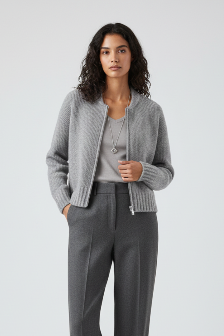 Women’s Knit Cardigan with Zip Front and Ribbed Edges