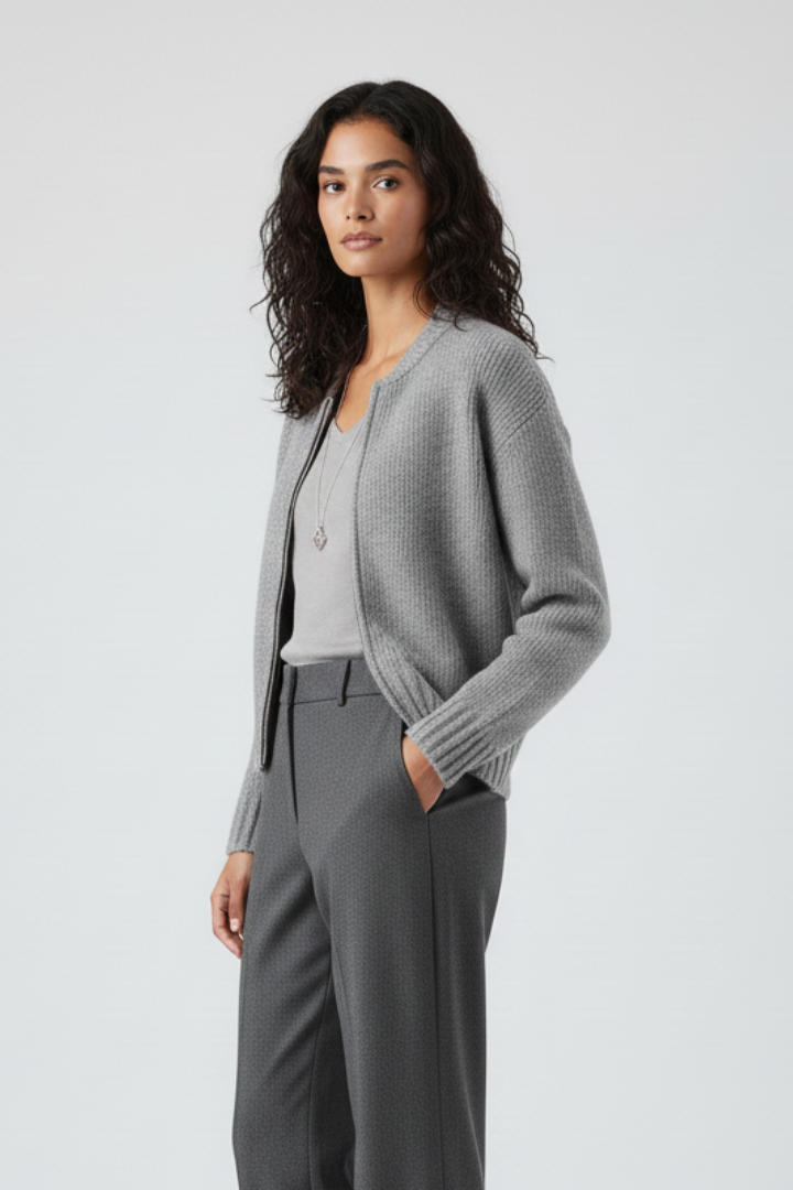 Women’s Knit Cardigan with Zip Front and Ribbed Edges