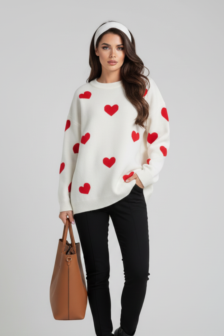 Women’s Knit Jumper with Round Neck and Heart Pattern