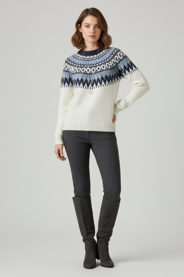 Women’s Knit Sweater with Patterned Yoke and Ribbed Hem