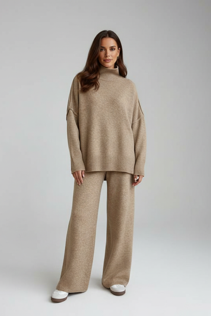 Women’s Knitted Set with Polo Neck Jumper and Wide-Leg Trousers