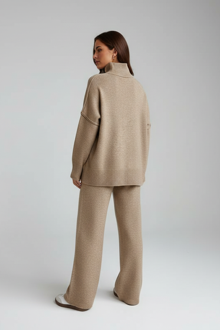 Women’s Knitted Set with Polo Neck Jumper and Wide-Leg Trousers