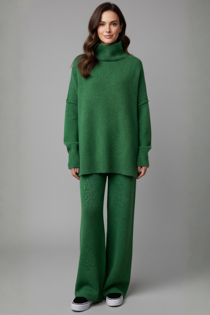 Women’s Knitted Set with Polo Neck Jumper and Wide-Leg Trousers