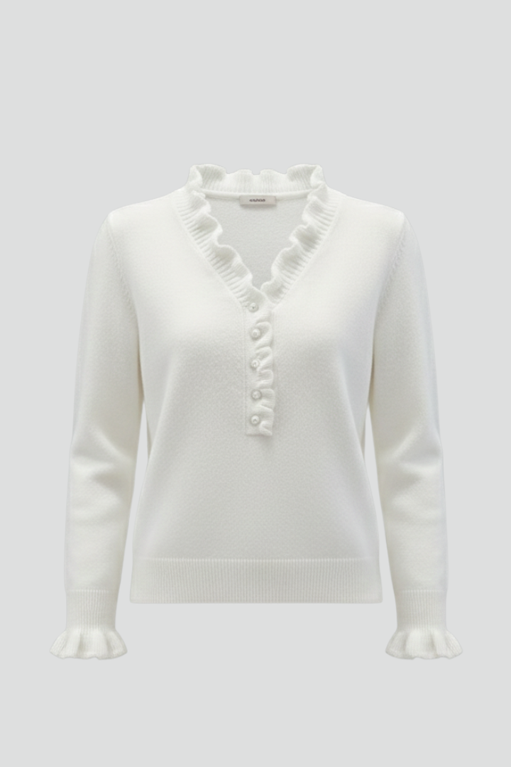Women’s Long-Sleeve Sweater with Ruffled Collar and Pearl Buttons