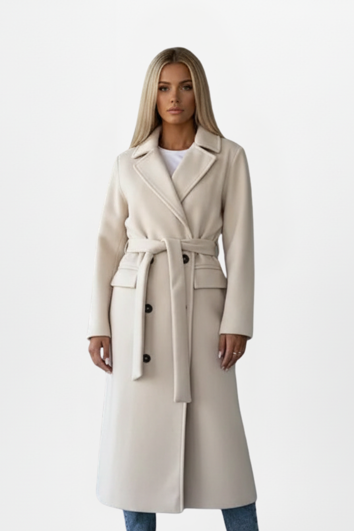 Women’s Long Coat with Belt and Double-Breasted Front