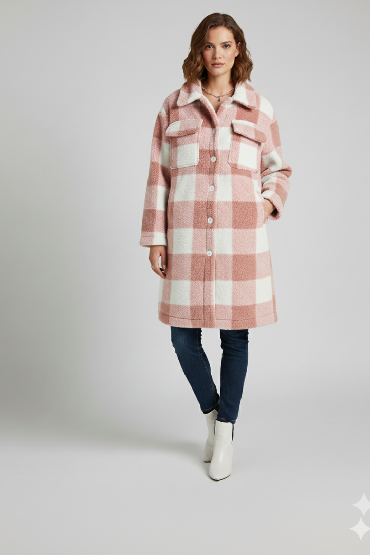 Women’s Long Coat with Button Front and Checked Fleece Surface