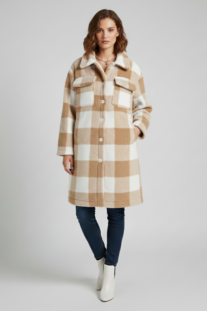 Women’s Long Coat with Button Front and Checked Fleece Surface