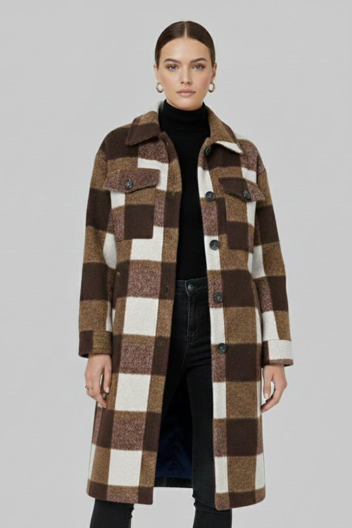 Women’s Long Coat with Button Front and Checked Woven Surface