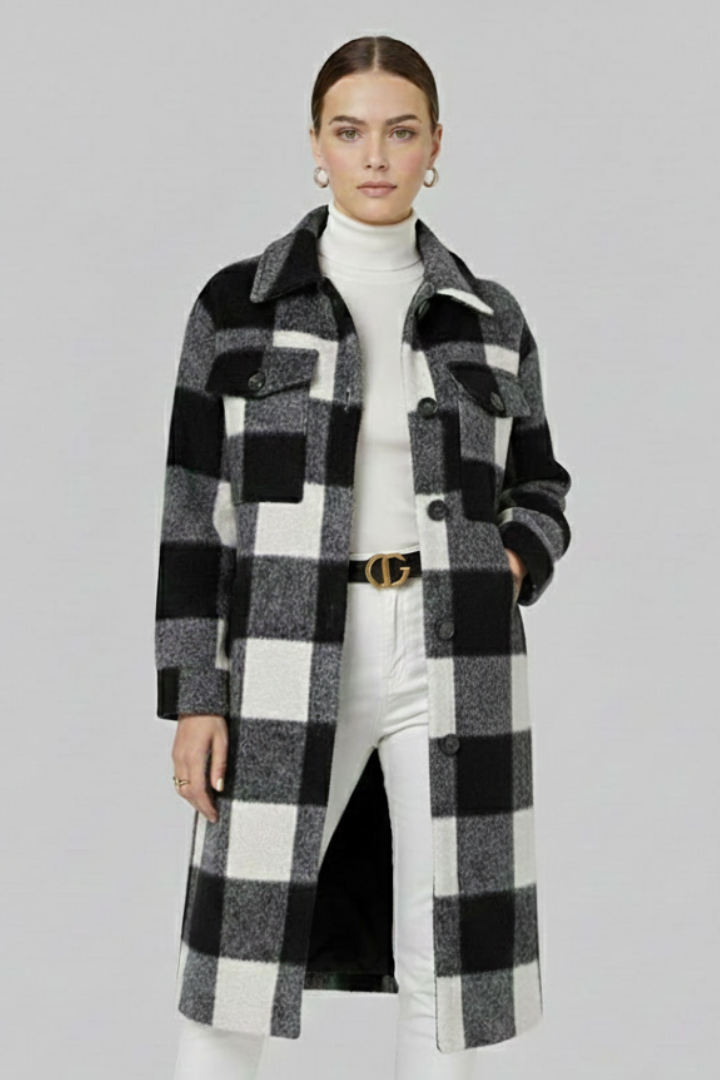 Women’s Long Coat with Button Front and Checked Woven Surface