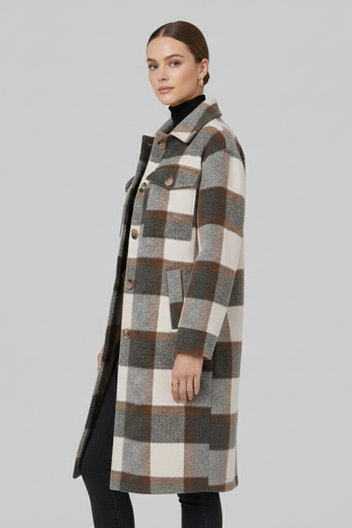 Women’s Long Coat with Button Front and Checked Woven Surface