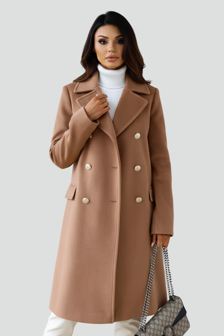 Women’s Long Coat with Double Buttons and Lapel Collar