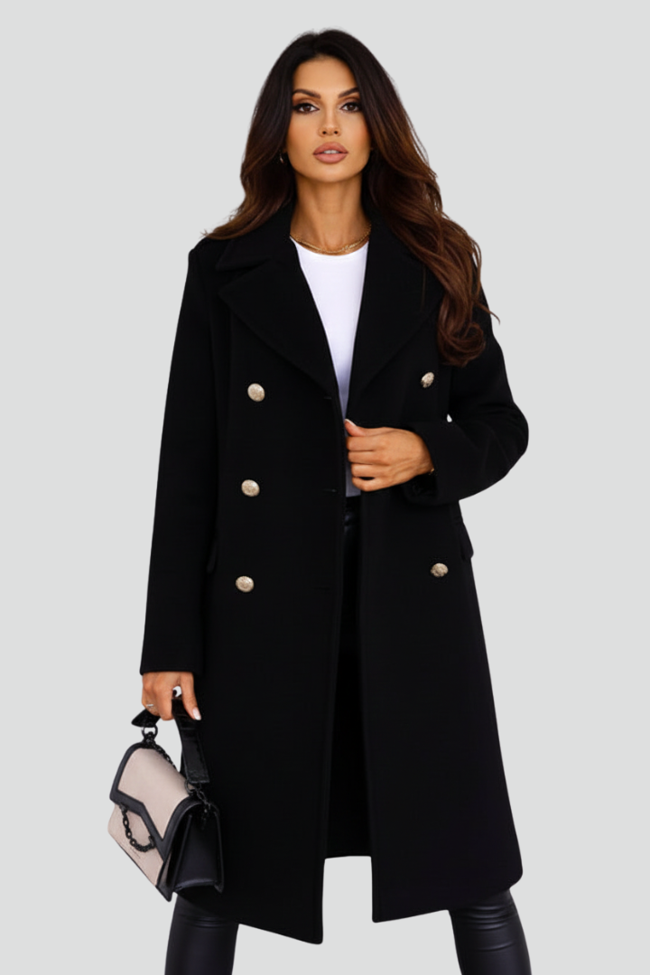 Women’s Long Coat with Double Buttons and Lapel Collar