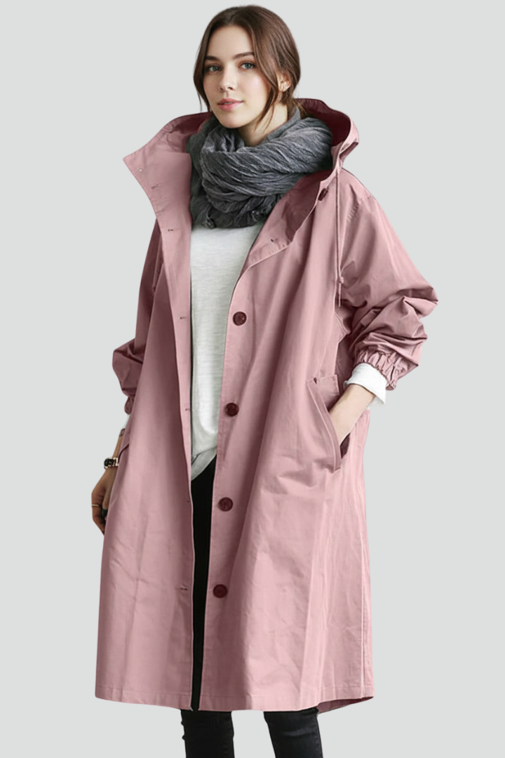 Women’s Long Coat with Hood and Button Closure