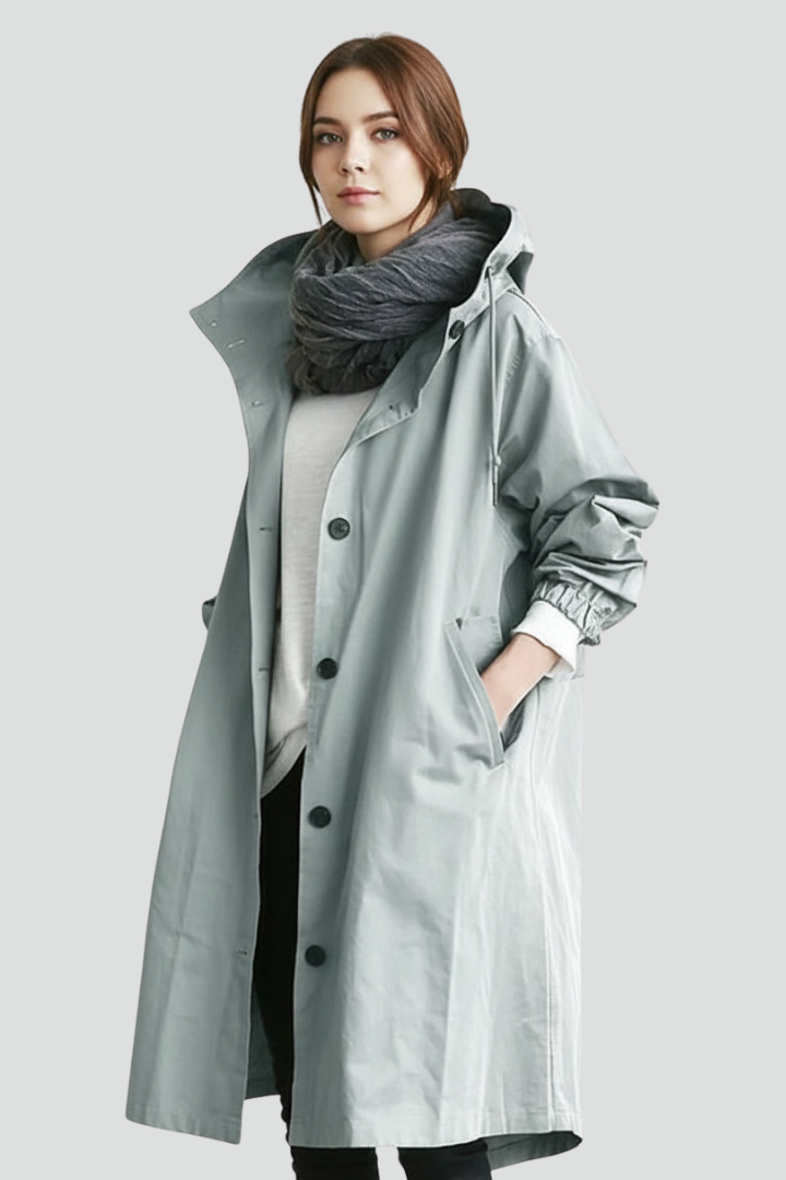 Women’s Long Coat with Hood and Button Closure