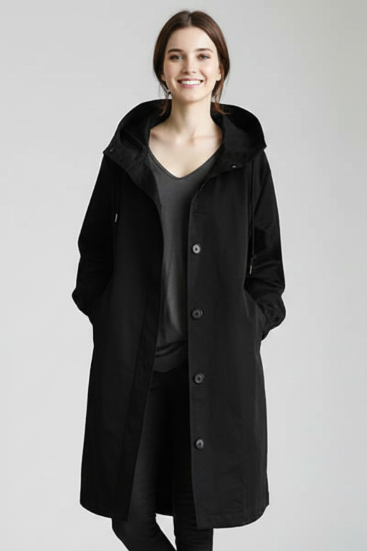 Women’s Long Coat with Hood and Buttons