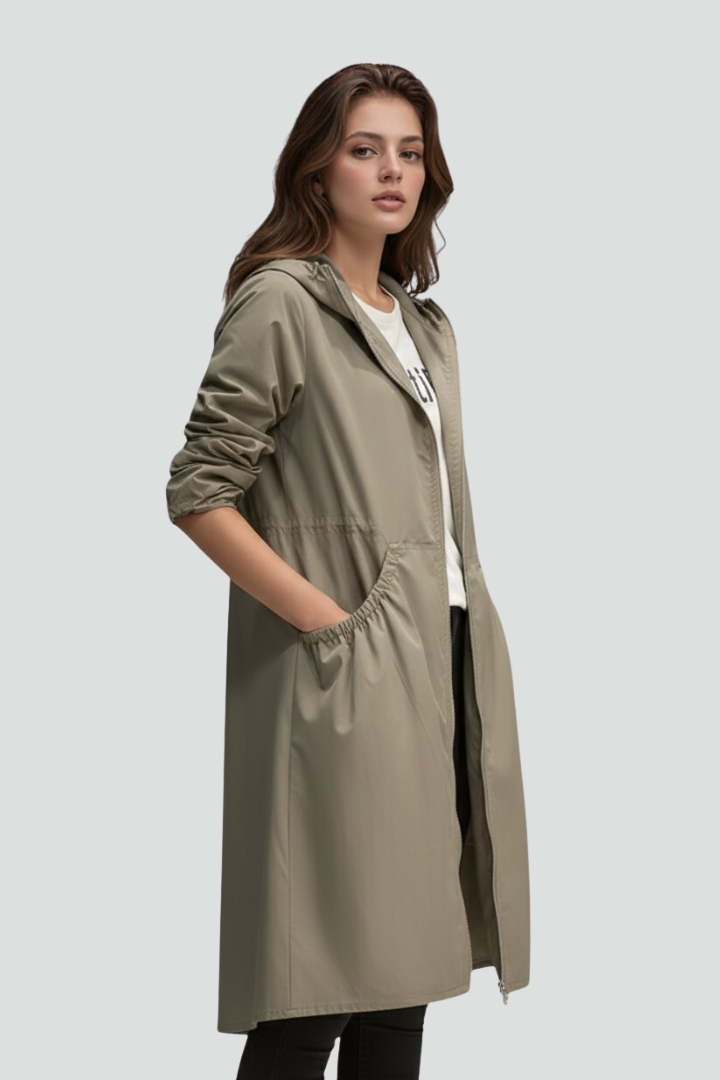 Women’s Long Coat with Hood and Front Zip