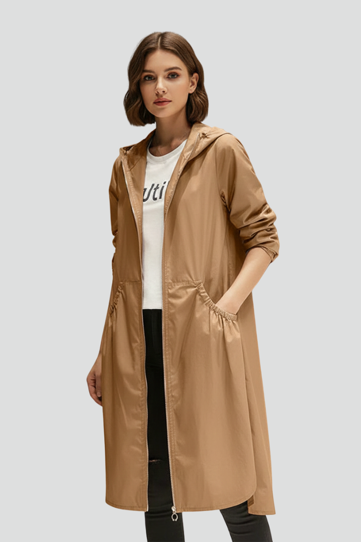 Women’s Long Coat with Hood and Front Zip