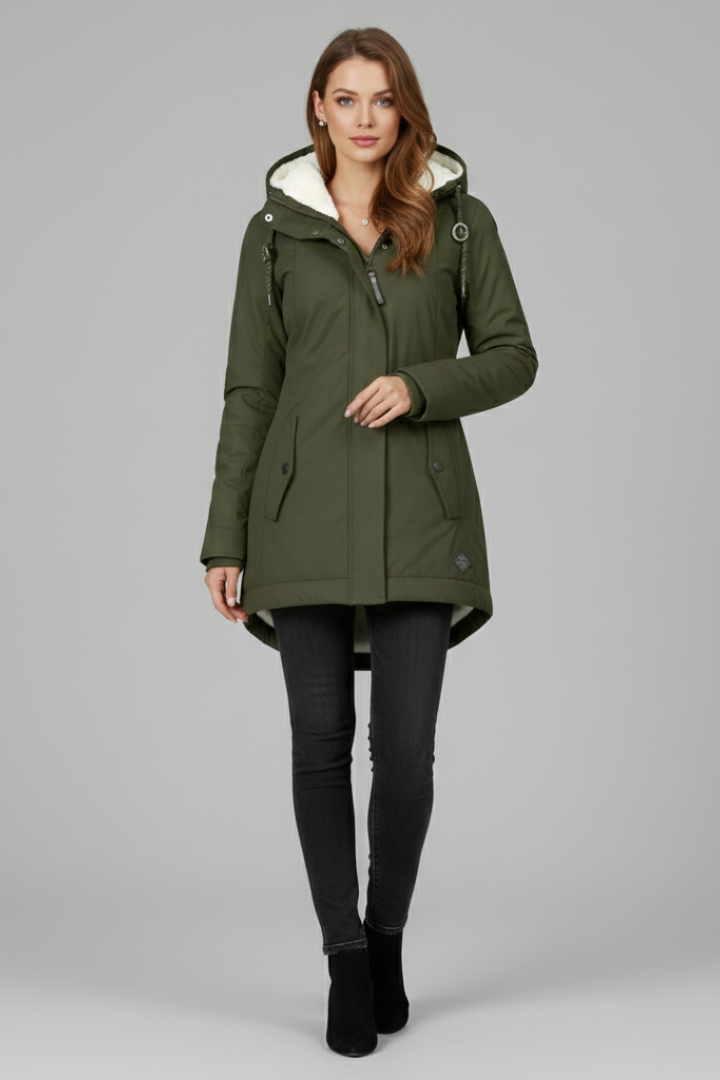 Women’s Long Coat with Hood and Front Zip