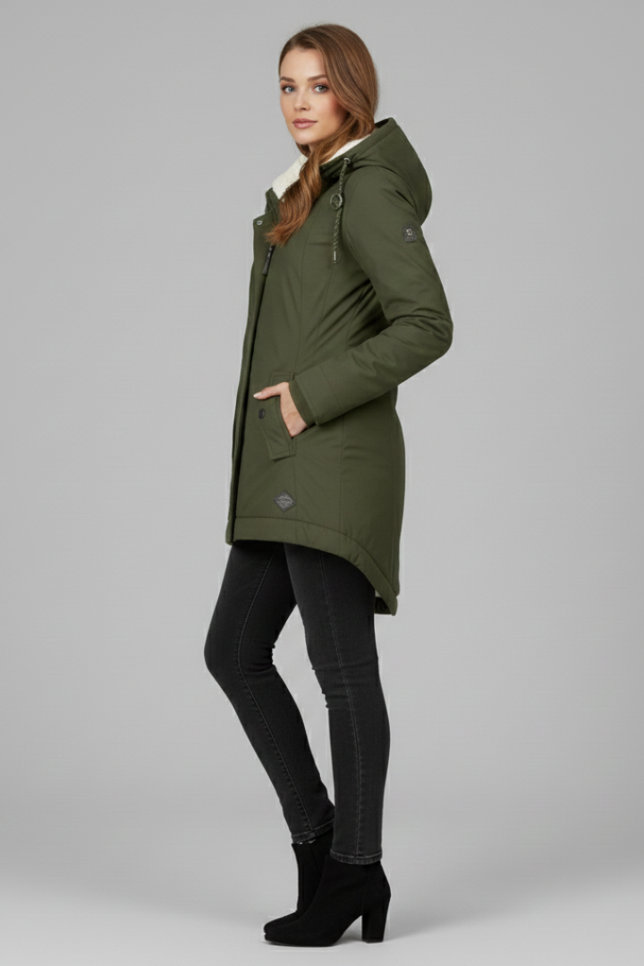 Women’s Long Coat with Hood and Front Zip