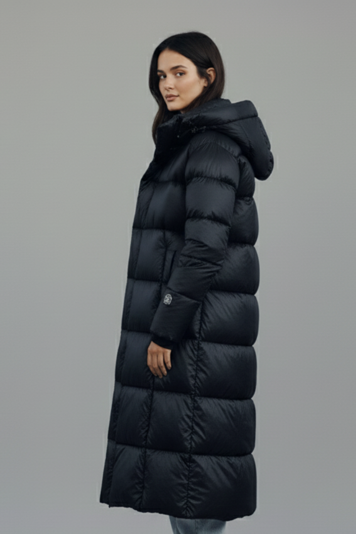 Women’s Long Coat with Hood and Zip Closure