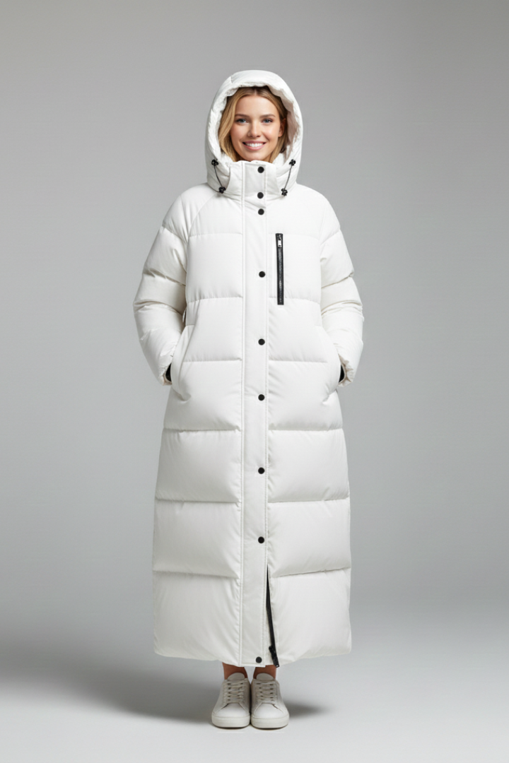 Women’s Long Coat with Hood and Zip Fastening