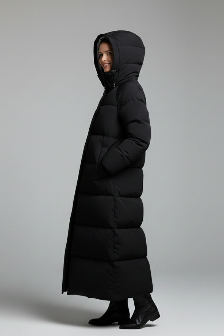 Women’s Long Coat with Hood and Zip Fastening