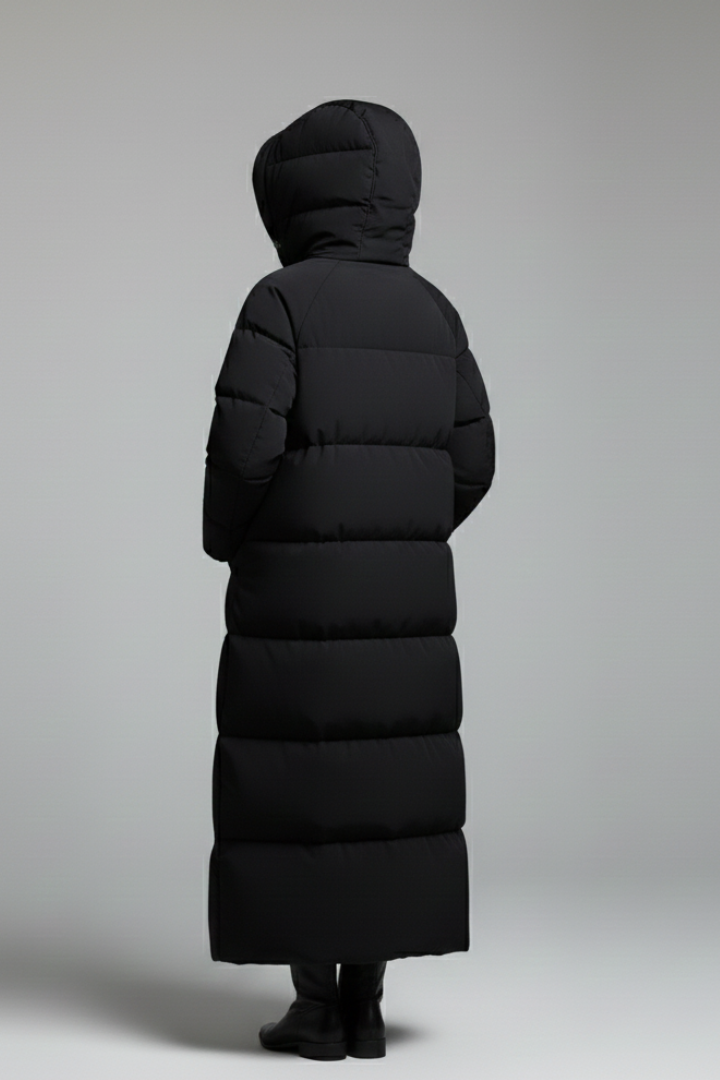 Women’s Long Coat with Hood and Zip Fastening