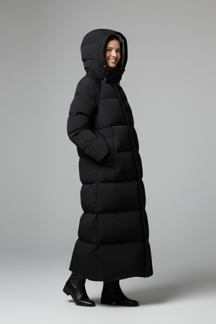 Women’s Long Coat with Hood and Zip Fastening