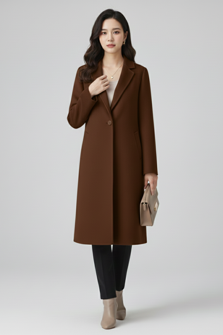 Women’s Long Coat with Lapel Collar and Button Closure