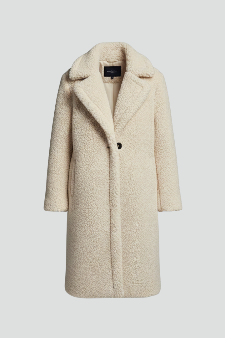 Women’s Long Coat with Lapel Collar and Textured Surface