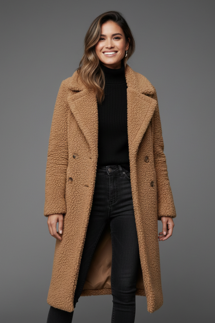 Women’s Long Coat with Lapel Collar and Textured Surface