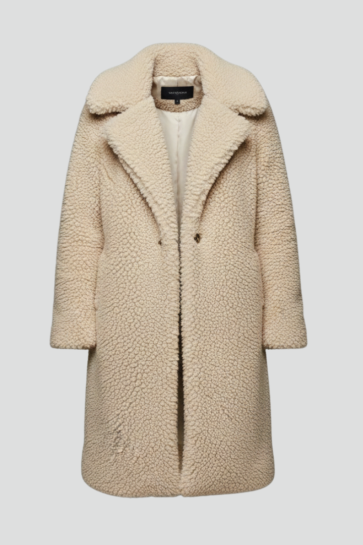 Women’s Long Coat with Lapel Collar and Textured Surface