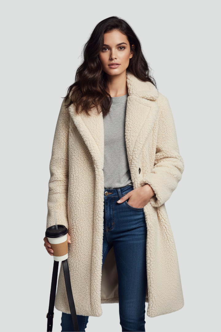 Women’s Long Coat with Lapel Collar and Textured Surface