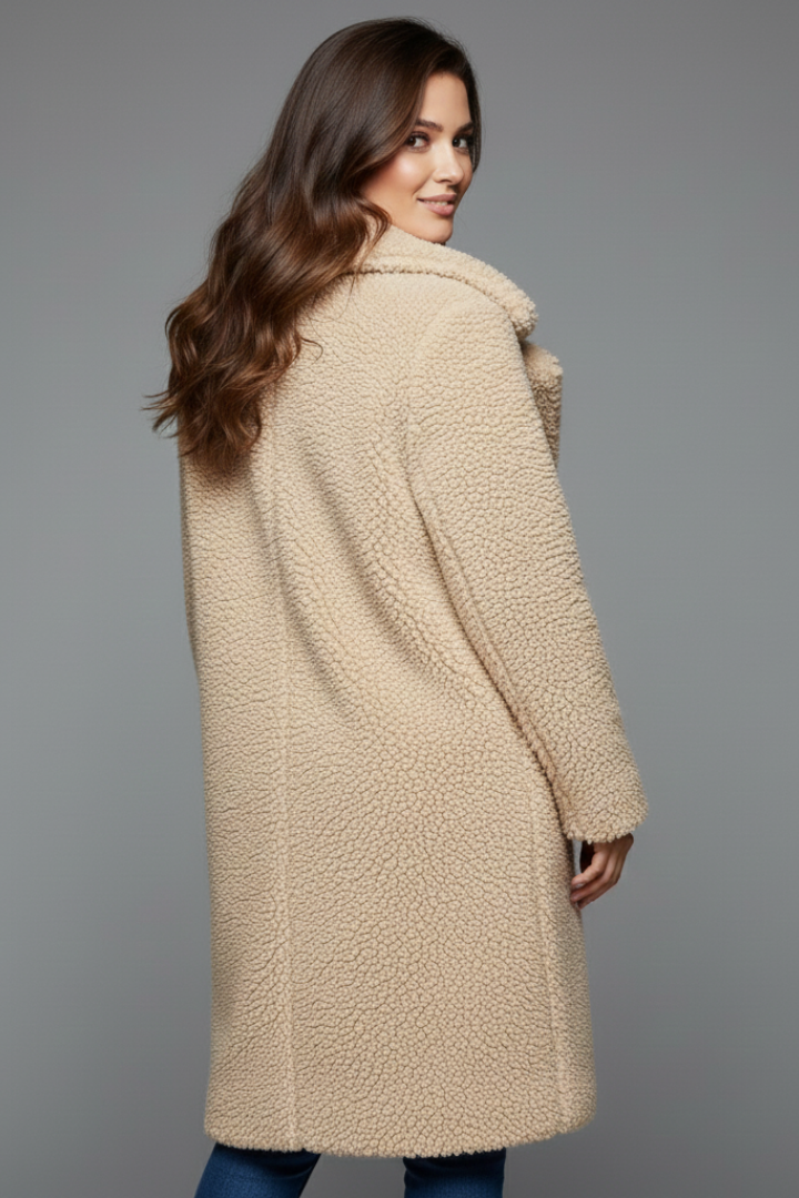 Women’s Long Coat with Lapel Collar and Textured Surface