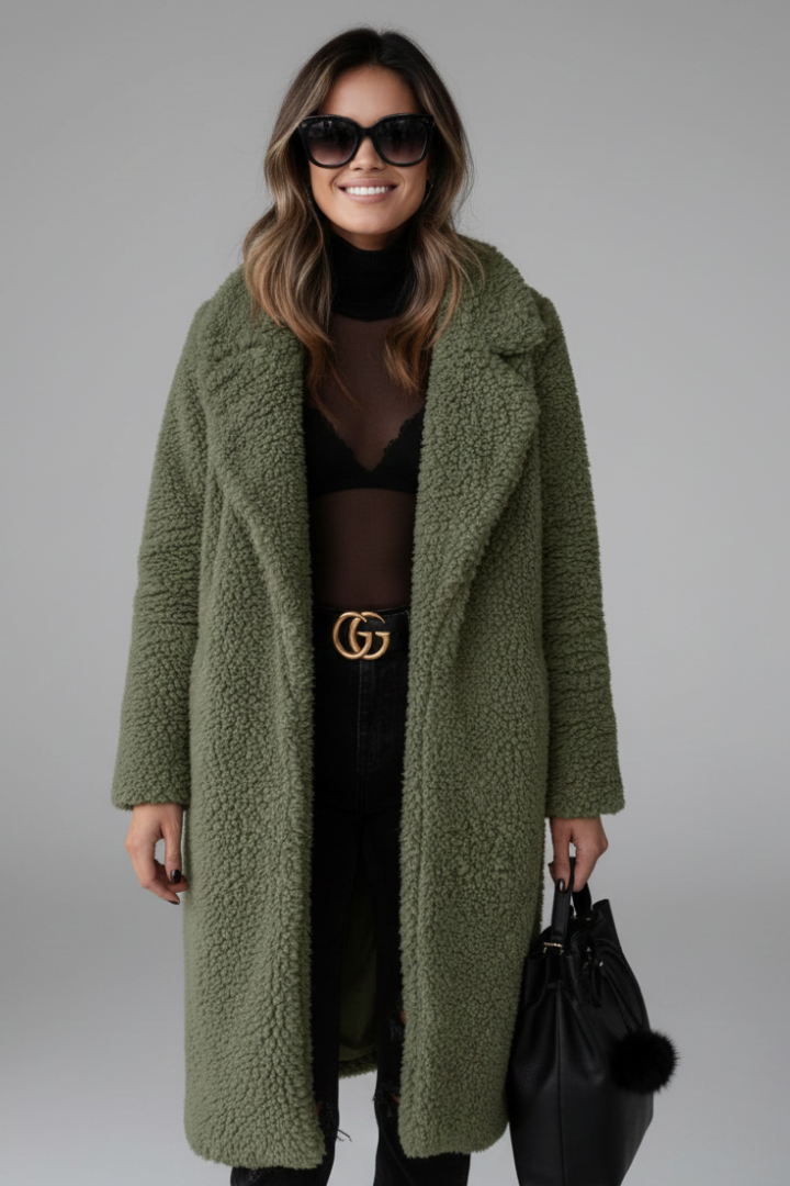 Women’s Long Coat with Lapel Collar and Textured Surface