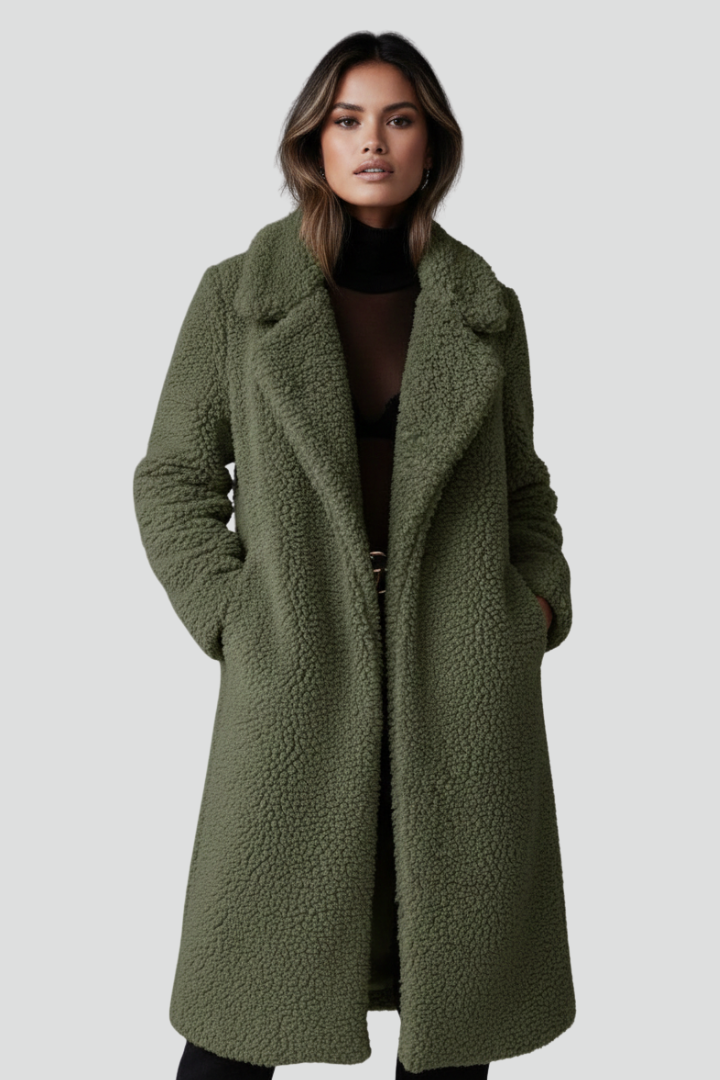 Women’s Long Coat with Lapel Collar and Textured Surface