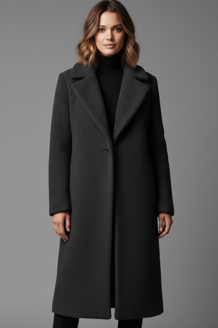 Women’s Long Coat with Lapel Collar and Textured Surface