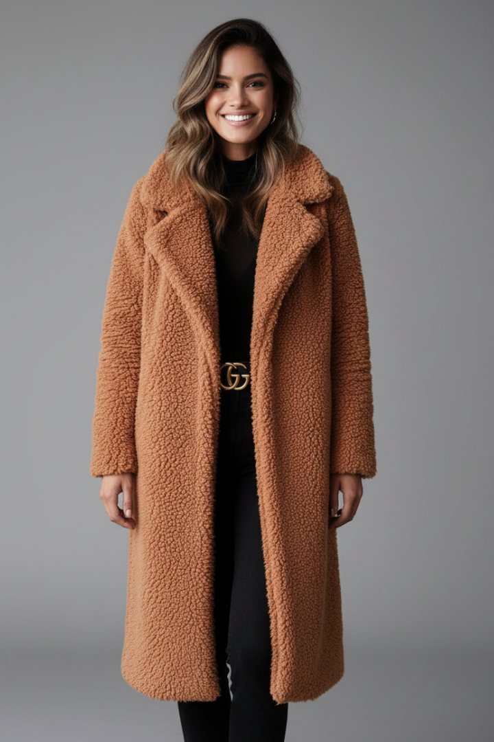 Women’s Long Coat with Lapel Collar and Textured Surface