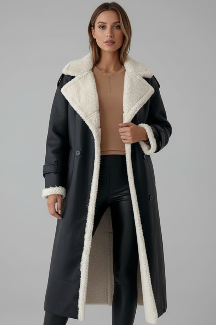 Women’s Long Coat with Lapel Collar and Trim
