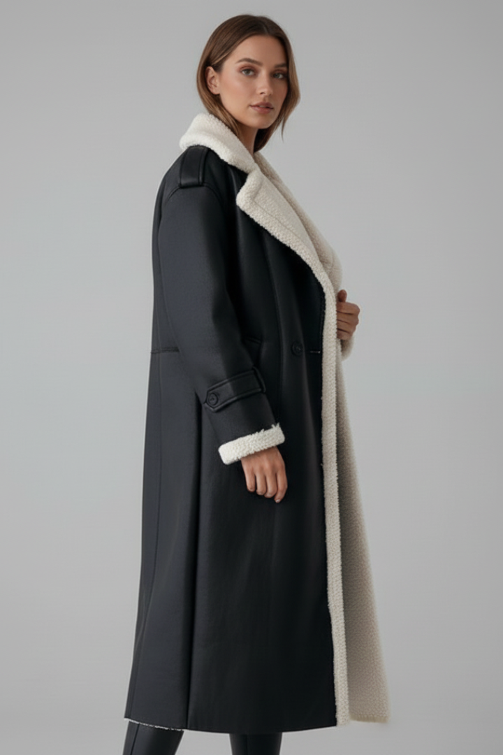 Women’s Long Coat with Lapel Collar and Trim