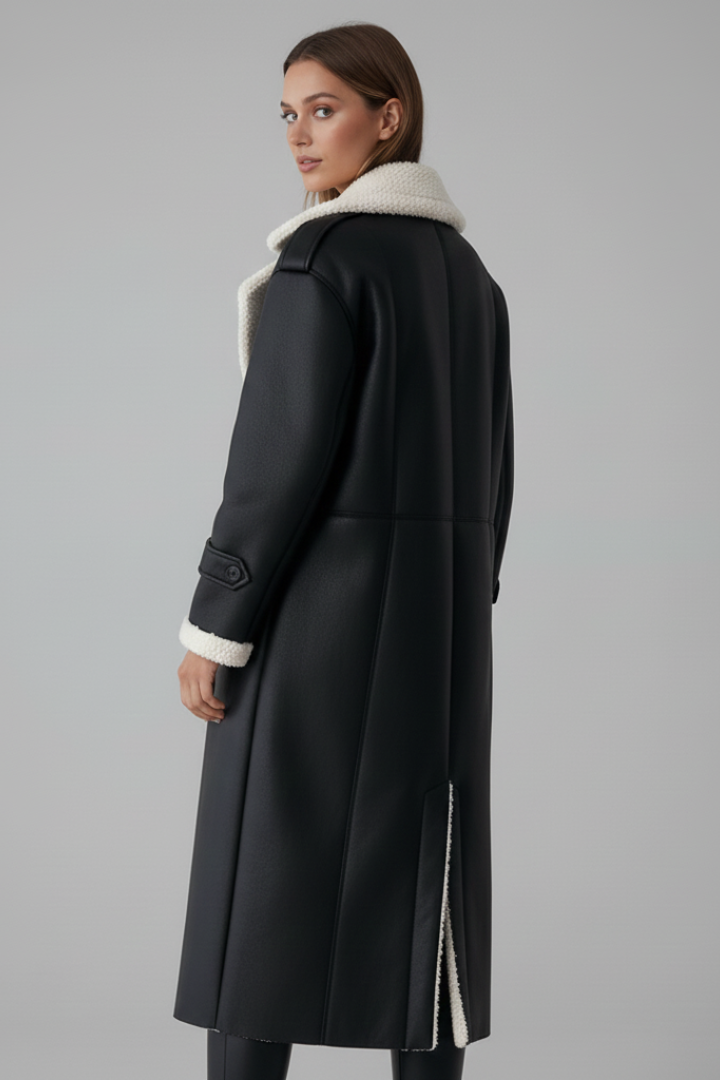 Women’s Long Coat with Lapel Collar and Trim