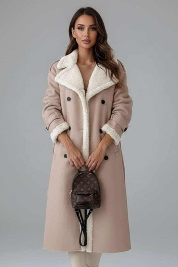 Women’s Long Coat with Lapel Collar and Trim
