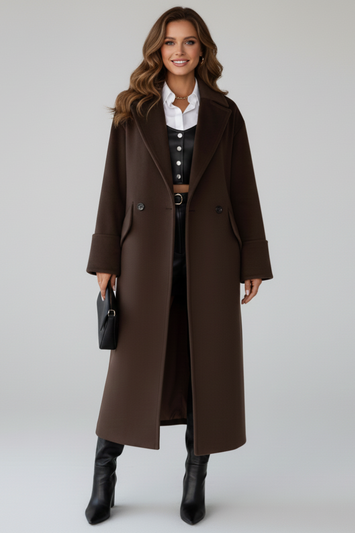 Women’s Long Coat with Notched Lapel and Button Front
