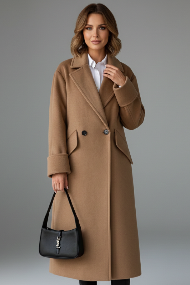 Women’s Long Coat with Notched Lapel and Button Front