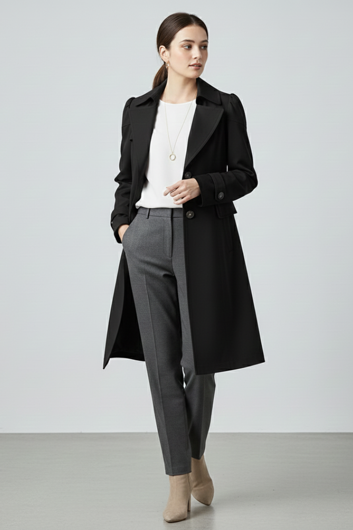 Women’s Long Coat with Notched Lapel and Front Button Fastening