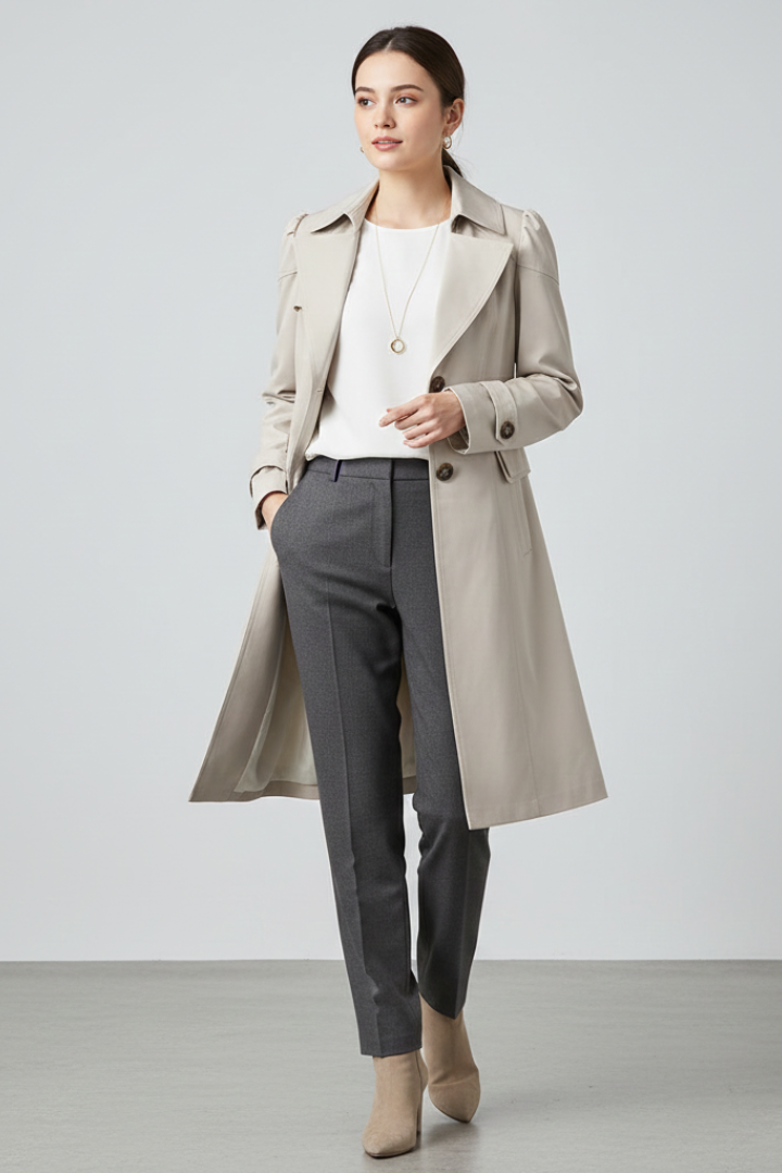 Women’s Long Coat with Notched Lapel and Front Button Fastening