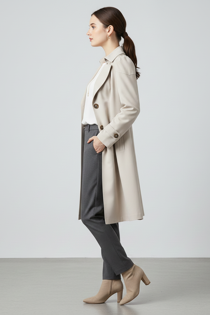 Women’s Long Coat with Notched Lapel and Front Button Fastening
